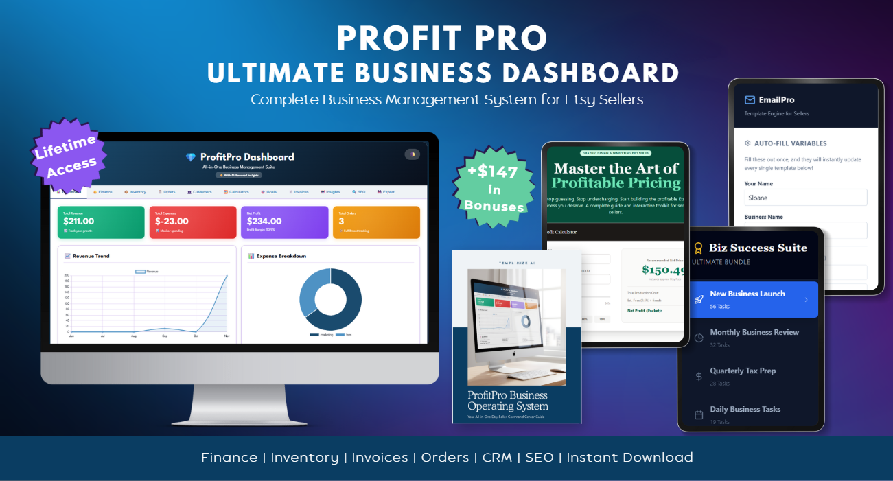 ProfitPro dashboard mockup showing a business dashboard with summary metric cards, a central revenue chart, a left navigation sidebar and a list of recent orders; visible UI labels include Executive Dashboard Net Profit Revenue Orders; presented inside a browser-style window on a clean workspace background; overall tone professional informative and confident